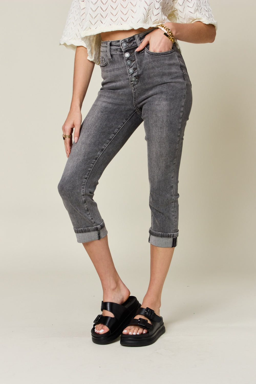 Judy Blue Full Size Button Fly High Waist Cuffed Capris-Bottoms-Trendsi-JipsiJunk