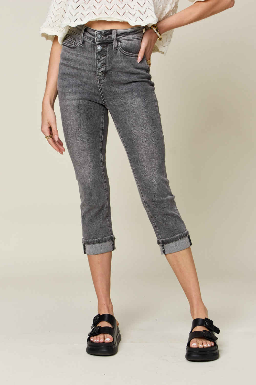 Judy Blue Full Size Button Fly High Waist Cuffed Capris-Bottoms-Trendsi-JipsiJunk