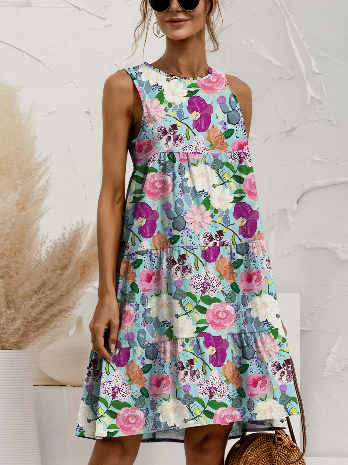 Printed Round Neck Sleeveless Tiered Dress-Trendsi-JipsiJunk