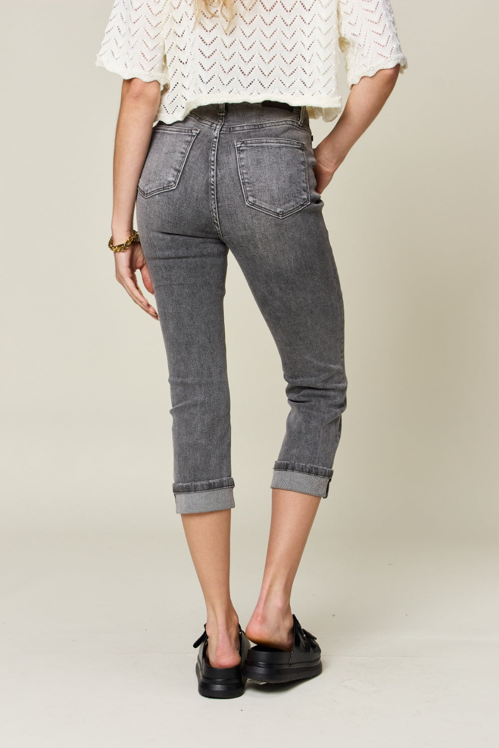 Judy Blue Full Size Button Fly High Waist Cuffed Capris-Bottoms-Trendsi-JipsiJunk