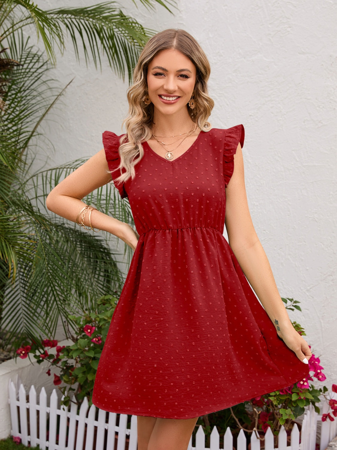 Swiss Dot Ruffled V-Neck Dress-Trendsi-JipsiJunk