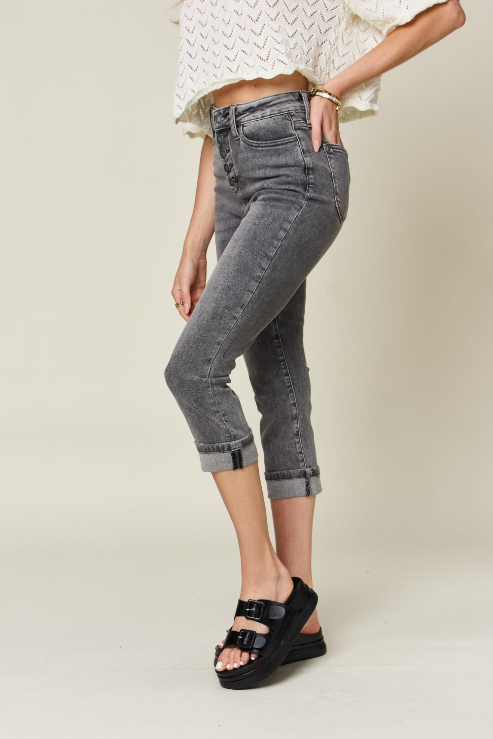 Judy Blue Full Size Button Fly High Waist Cuffed Capris-Bottoms-Trendsi-JipsiJunk