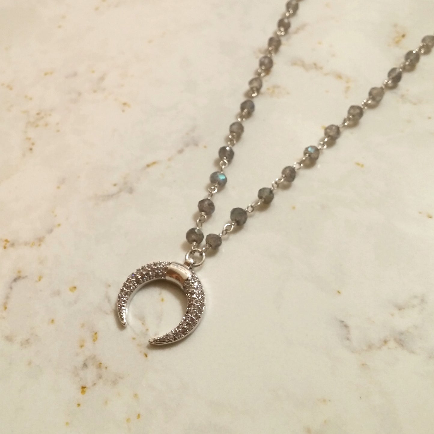 LABRADORITE AND CUBIC ZIRCONIA MICROPAVE CRESCENT MOON NECKLACE-NECKLACES-Jipsi Junk-JipsiJunk