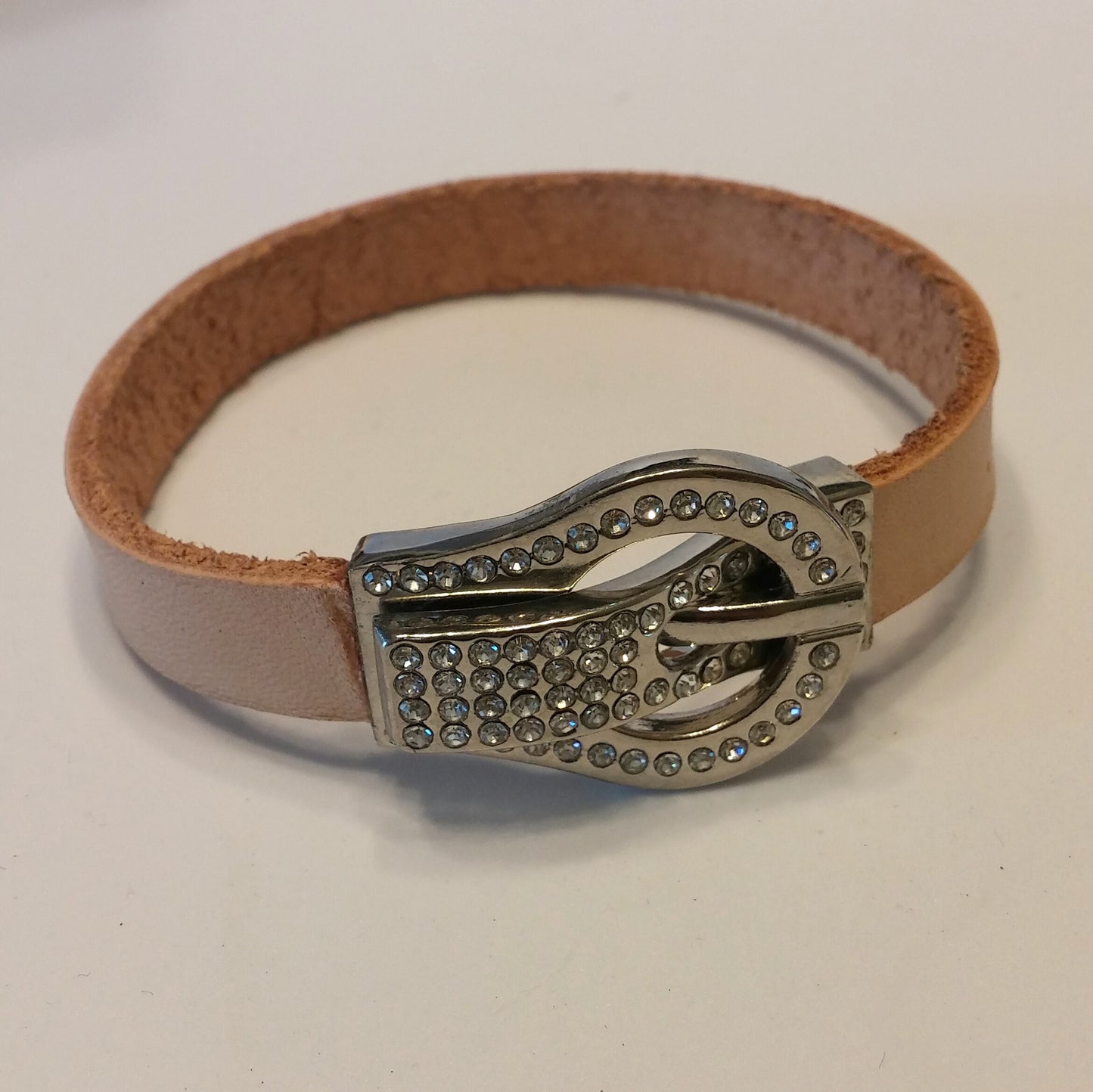 NATURAL LEATHER CRYSTAL PAVE BUCKLE BRACELET-BRACELETS-JipsiJunk-JipsiJunk
