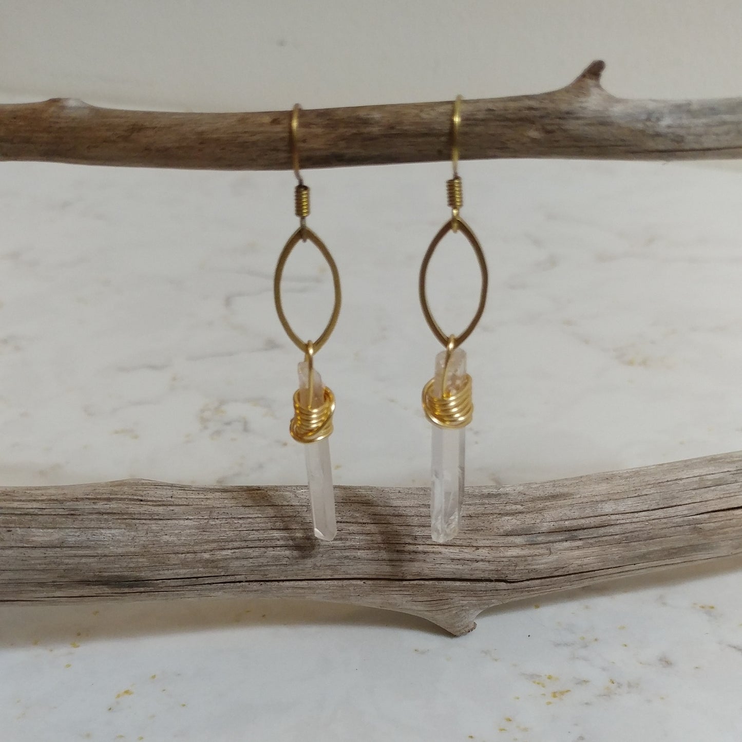MARQUISE BRASS EARRINGS WITH GENUINE QUARTZ POINT-EARRINGS-Jipsi Junk-JipsiJunk