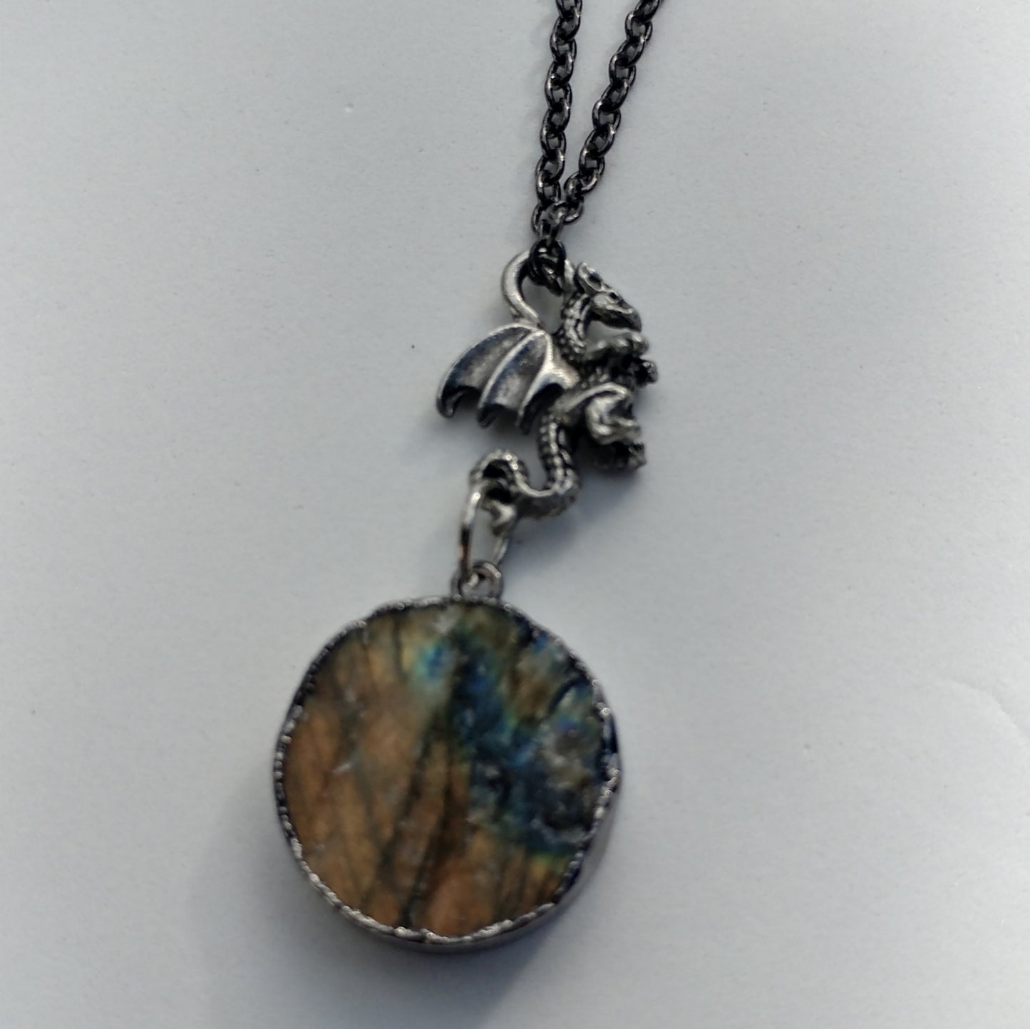 ROUGH LABRADORITE COIN AND DRAGON NECKLACE IN GUNMETAL - 18"-NECKLACES-Jipsi Junk-JipsiJunk