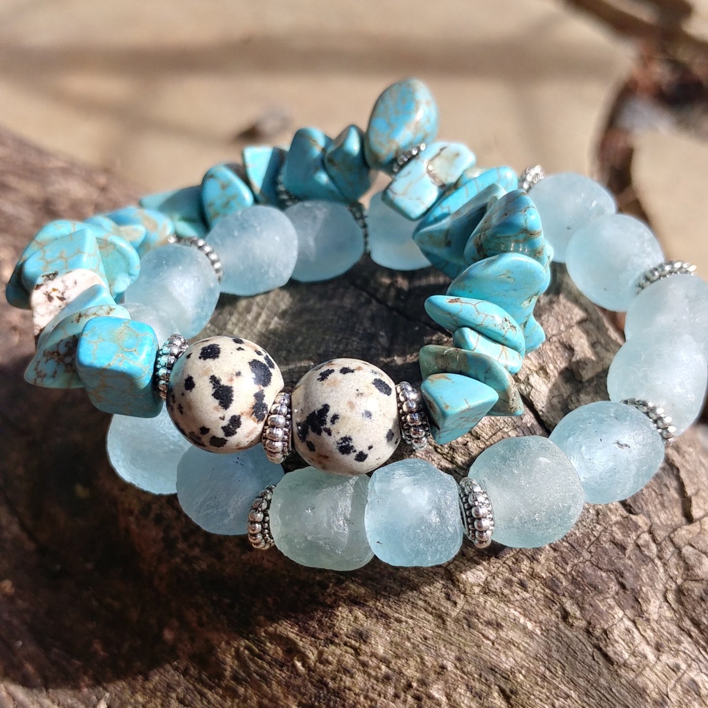 TURQUOISE HOWLITE AND SEAFOAM TRADE GLASS STACK-BRACELETS-Jipsi Junk-JipsiJunk
