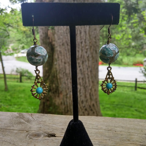 SEAFOAM AND GREY GIRAFFE AGATE AND VINTAGE BRASS TEARDROP EARRINGS-earrings-Jipsi Junk-JipsiJunk