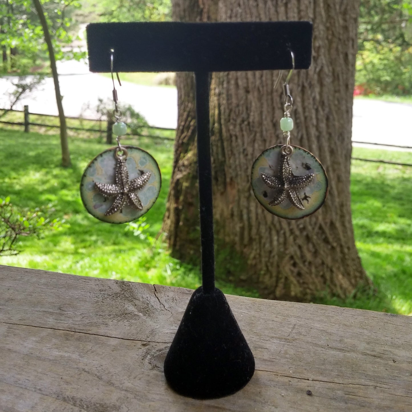 STARFISH CHAM EARRINGS WITH FUSED GLASS COPPER DISCS-earrings-Jipsi Junk-JipsiJunk
