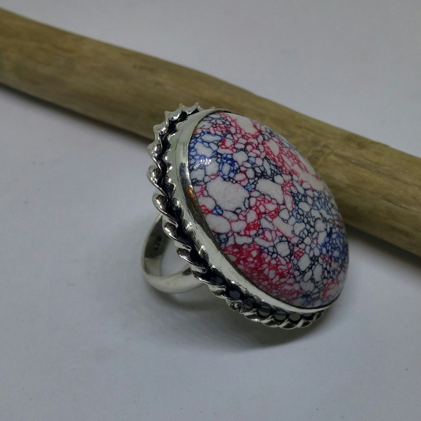 MOSAIC JASPER OVAL RING IN STERLING SILVER WITH ORNATE TWISTED BEZEL-RINGS-Jipsi Junk-JipsiJunk