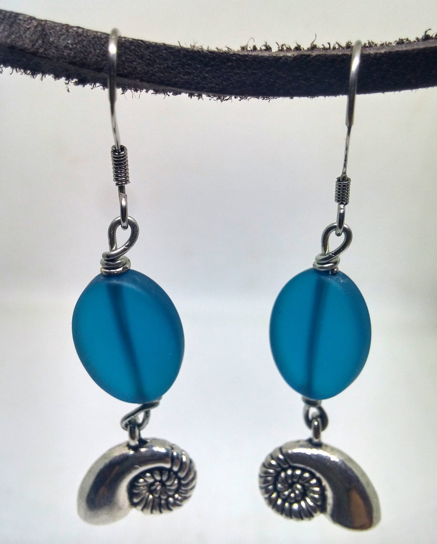 NAUTILUS SHELL EARRINGS WITH PEACOCK BLUE SEAGLASS OVALS-earrings-Jipsi Junk-JipsiJunk