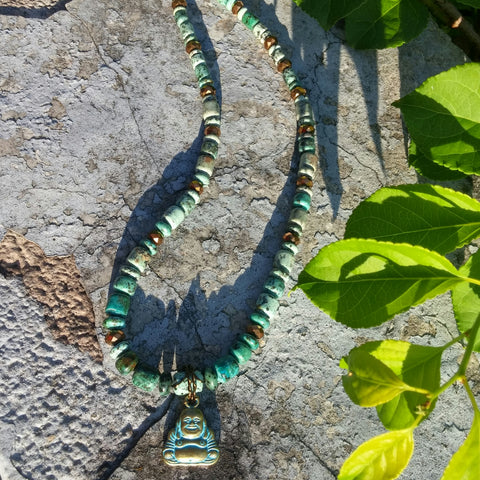 GREEN PATINA BRASS BUDDHA WITH AFRICAN TURQUOISE BEADED CHAIN-NECKLACES-Jipsi Junk-JipsiJunk