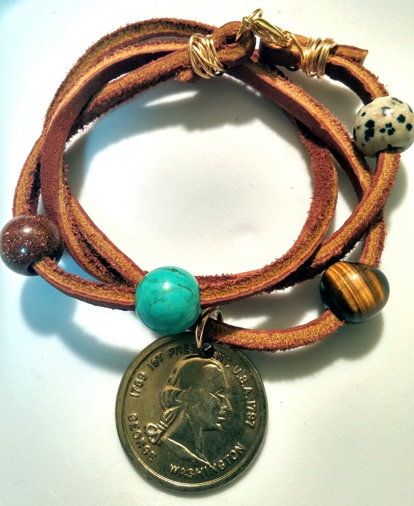 RECLAIMED LEATHER WRAP BRAGELET WITH GEMSTONES AND A VINTAGE RECLAIMED BRASS COIN CHARM-BRACELETS-JipsiJunk-JipsiJunk