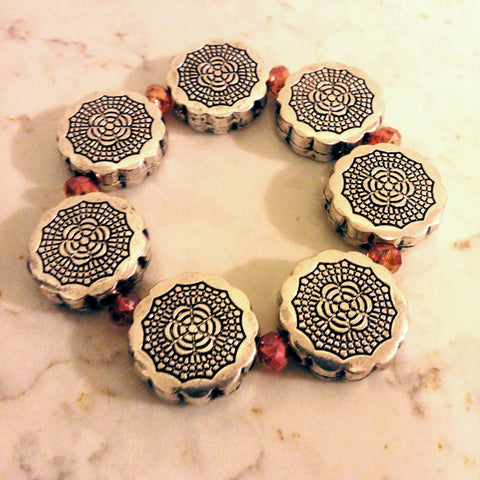 BOLD PEWTER SUNBURST BRACELET WITH ROSY SUNSET CRYSTALS-BRACELETS-Jipsi Junk-JipsiJunk
