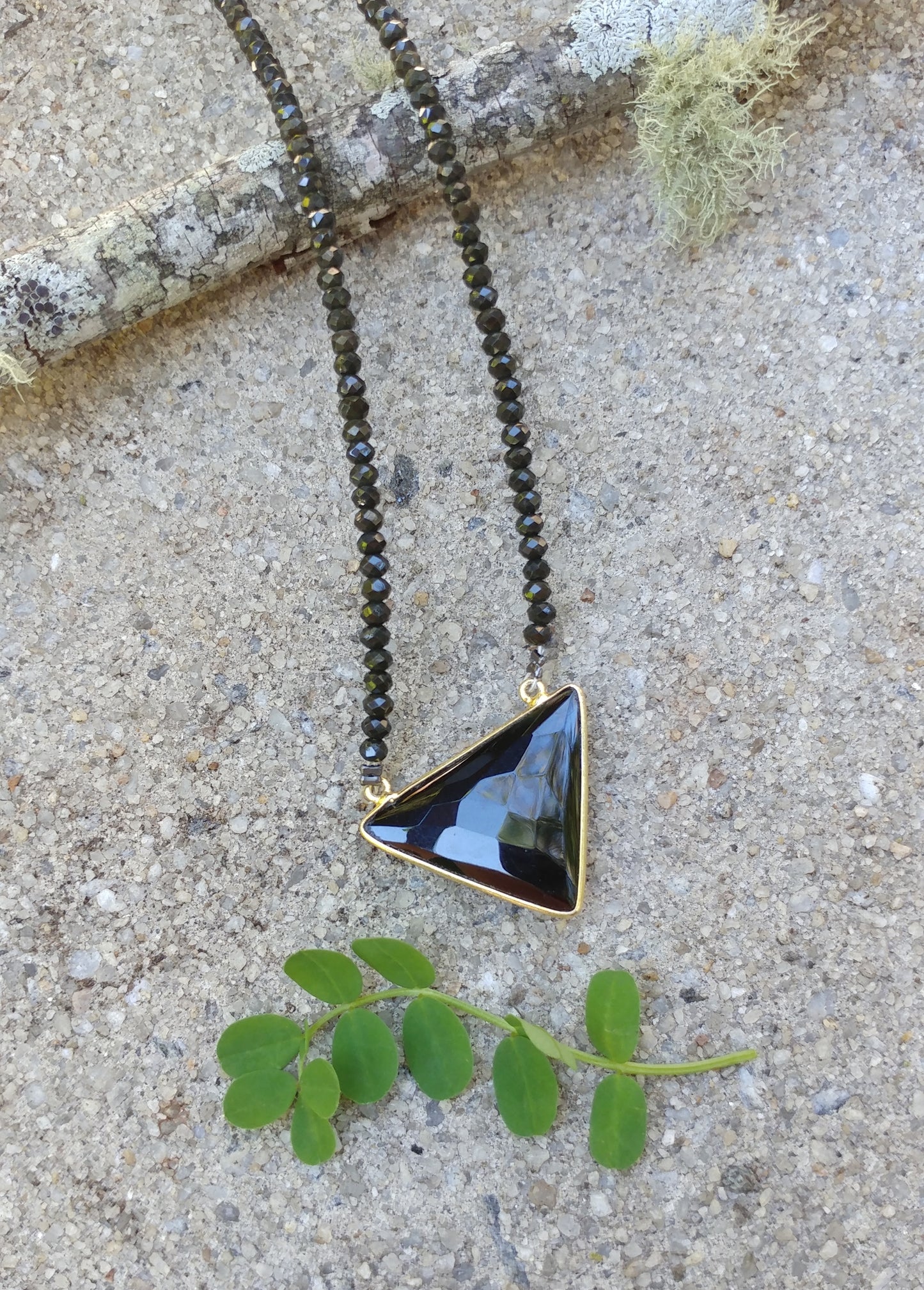 GOLD PLATED BEZEL AND ONYX NECKLACE WITH BEADED CRYSTAL CHAIN-NECKLACES-JipsiJunk-JipsiJunk