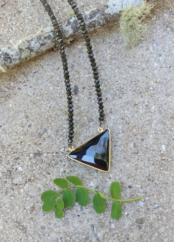 GOLD PLATED BEZEL AND ONYX NECKLACE WITH BEADED CRYSTAL CHAIN-NECKLACES-JipsiJunk-JipsiJunk