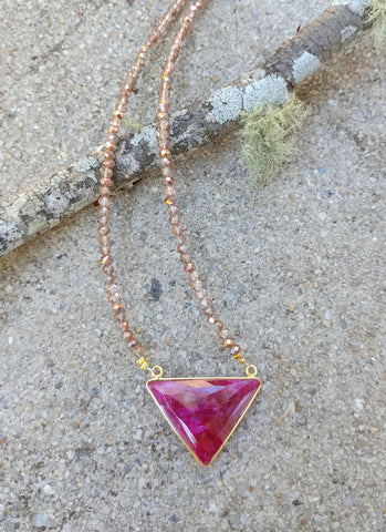 GOLD PLATED BEZEL NECKLACE WITH RUBY GEMSTONE AND BEADED CRYSTAL CHAIN-NECKLACES-JipsiJunk-JipsiJunk