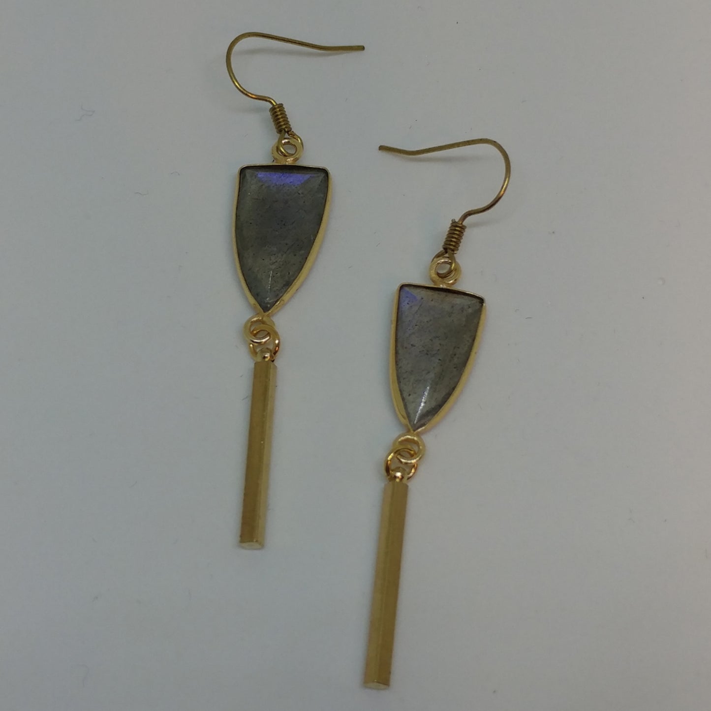 LABRADORITE SHIELD EARRINGS WITH DANGLING BATON-EARRINGS-Jipsi Junk-JipsiJunk