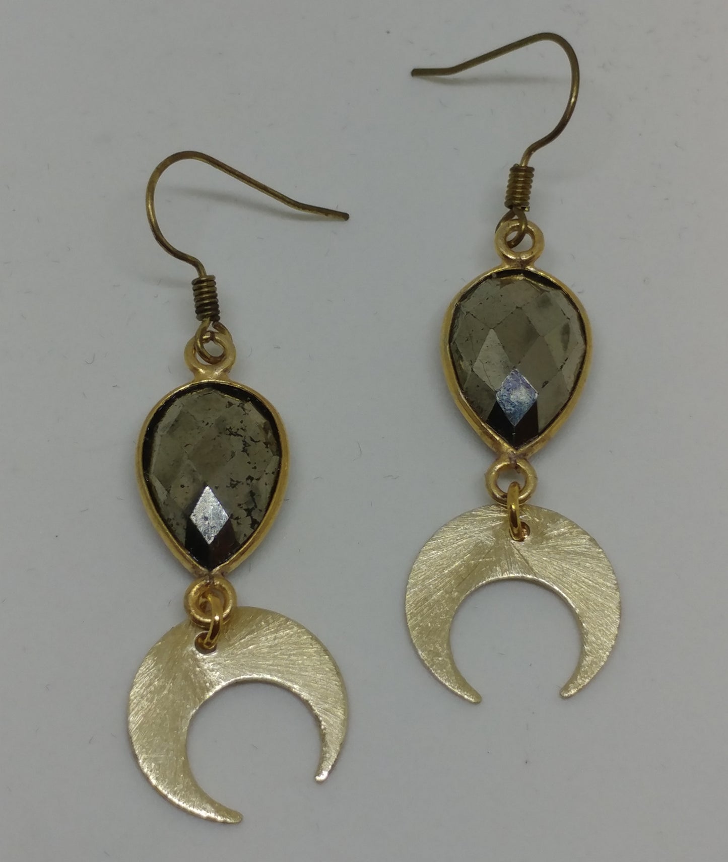 REVERSE TEARDROP PYRITE EARRINGS WITH CRESCENT MOON DANGLES-EARRINGS-Jipsi Junk-JipsiJunk