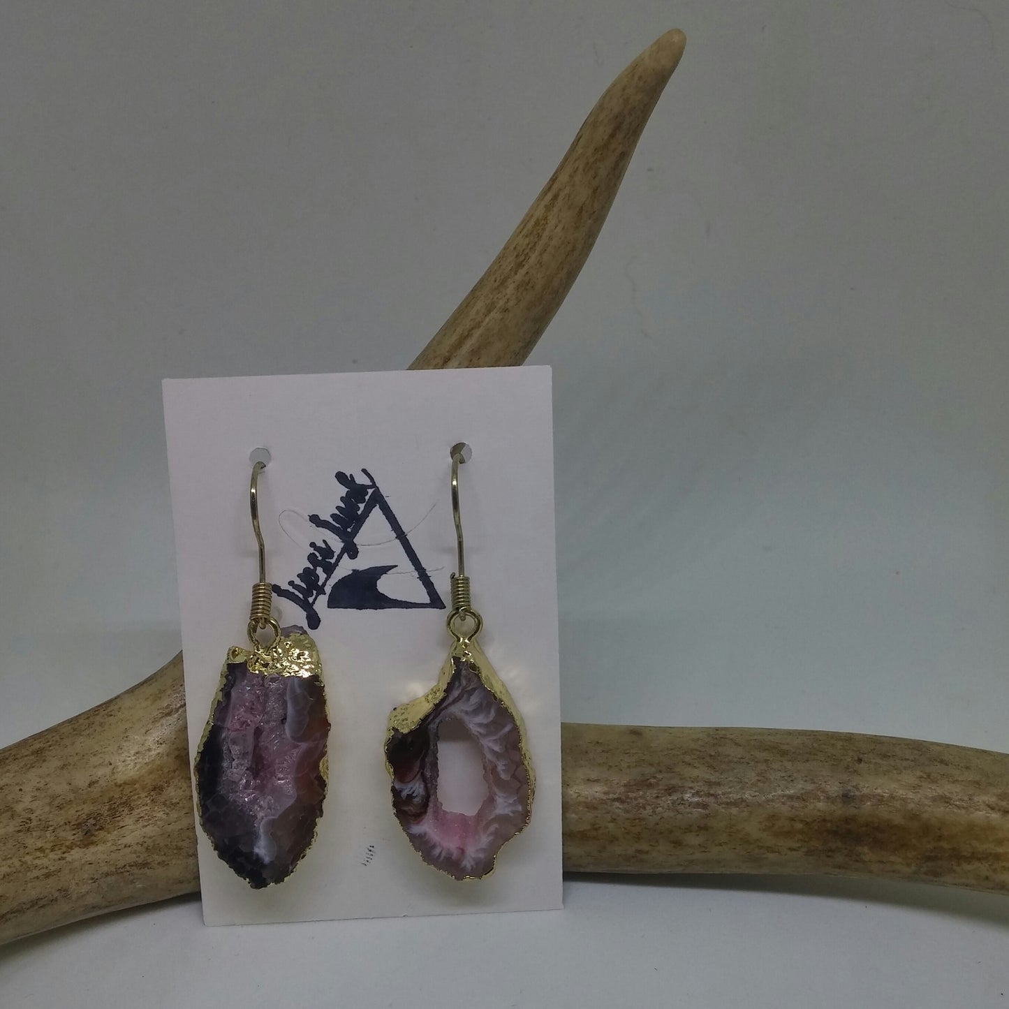 BLACK, WHITE AND PINK DRUZY AGATE SLICE EARRINGS-EARRINGS-Jipsi Junk-JipsiJunk