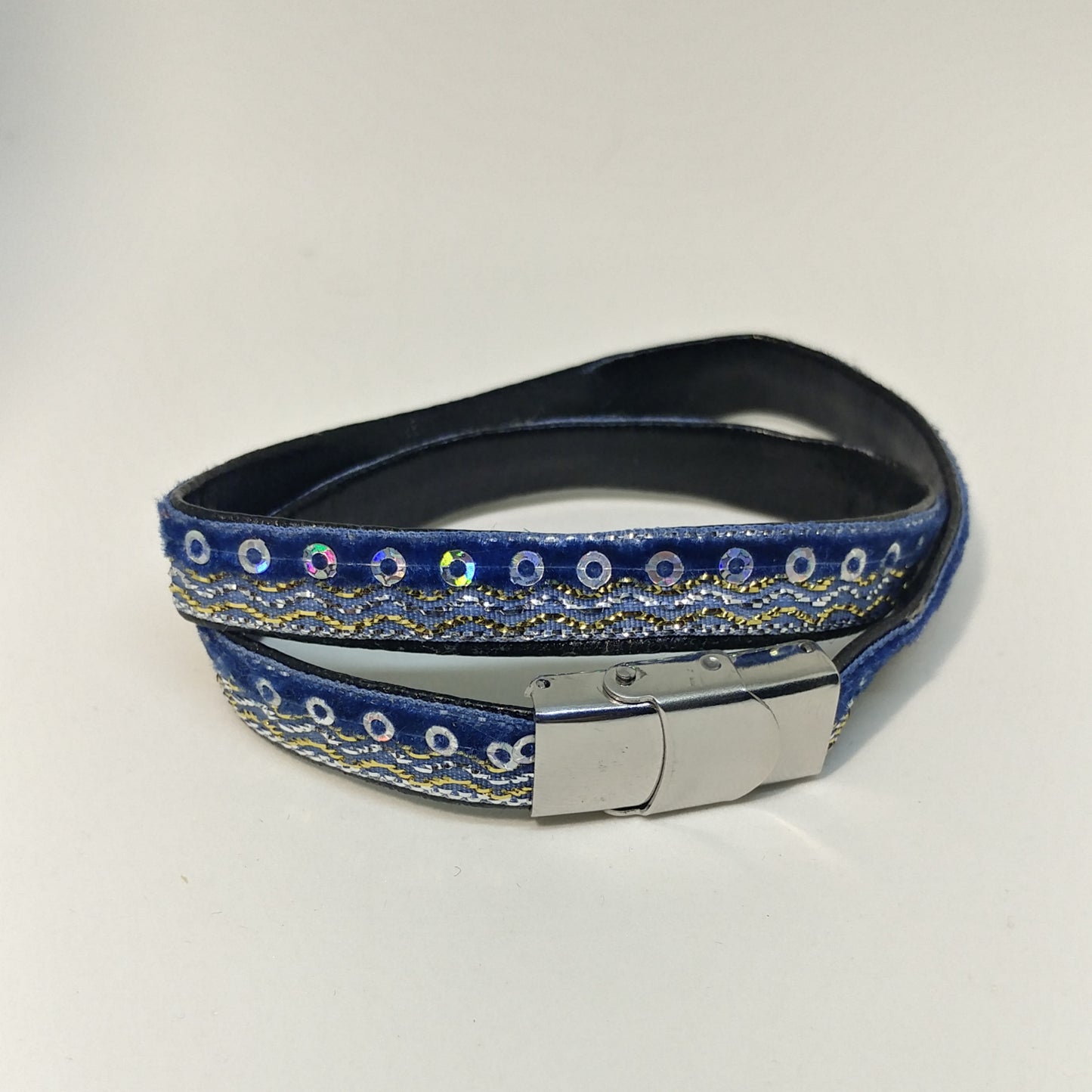 BOHO BLUE AND GOLD DOUBLE WRAP BRACELET WITH SECURE FOLD OVER CLASP-BRACELETS-Jipsi Junk-JipsiJunk