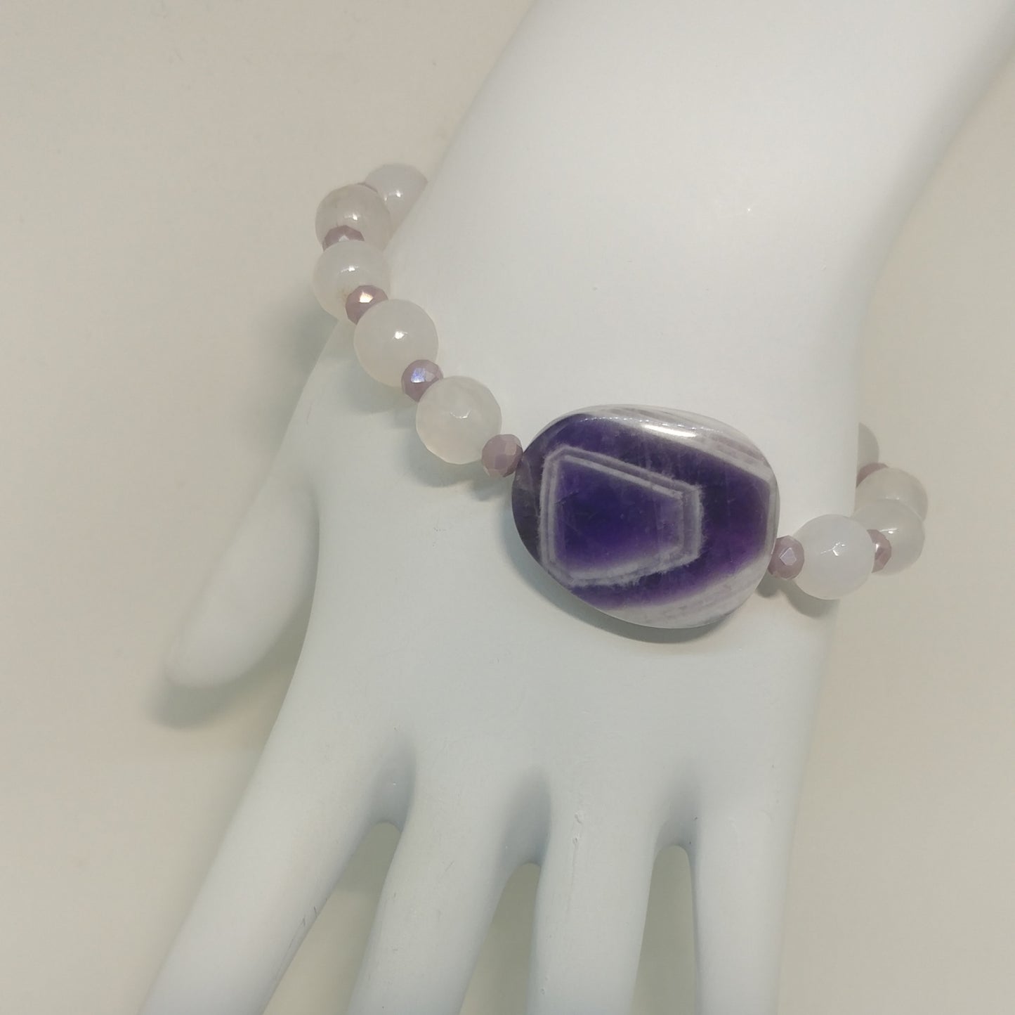 CHEVRON AMETHYST, CLOUDY AGATE, AND CRYSTAL STRETCH BRACELET-BRACELETS-Jipsi Junk-JipsiJunk