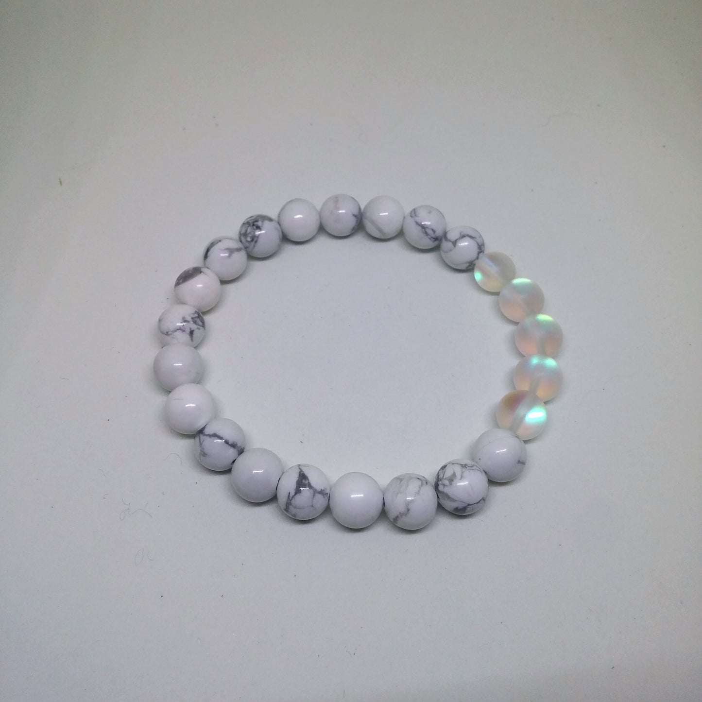WHITE HOWLITE AND SYNTHETIC MOONSTONE GLASS STRETCH BRACELET-BRACELETS-Jipsi Junk-JipsiJunk
