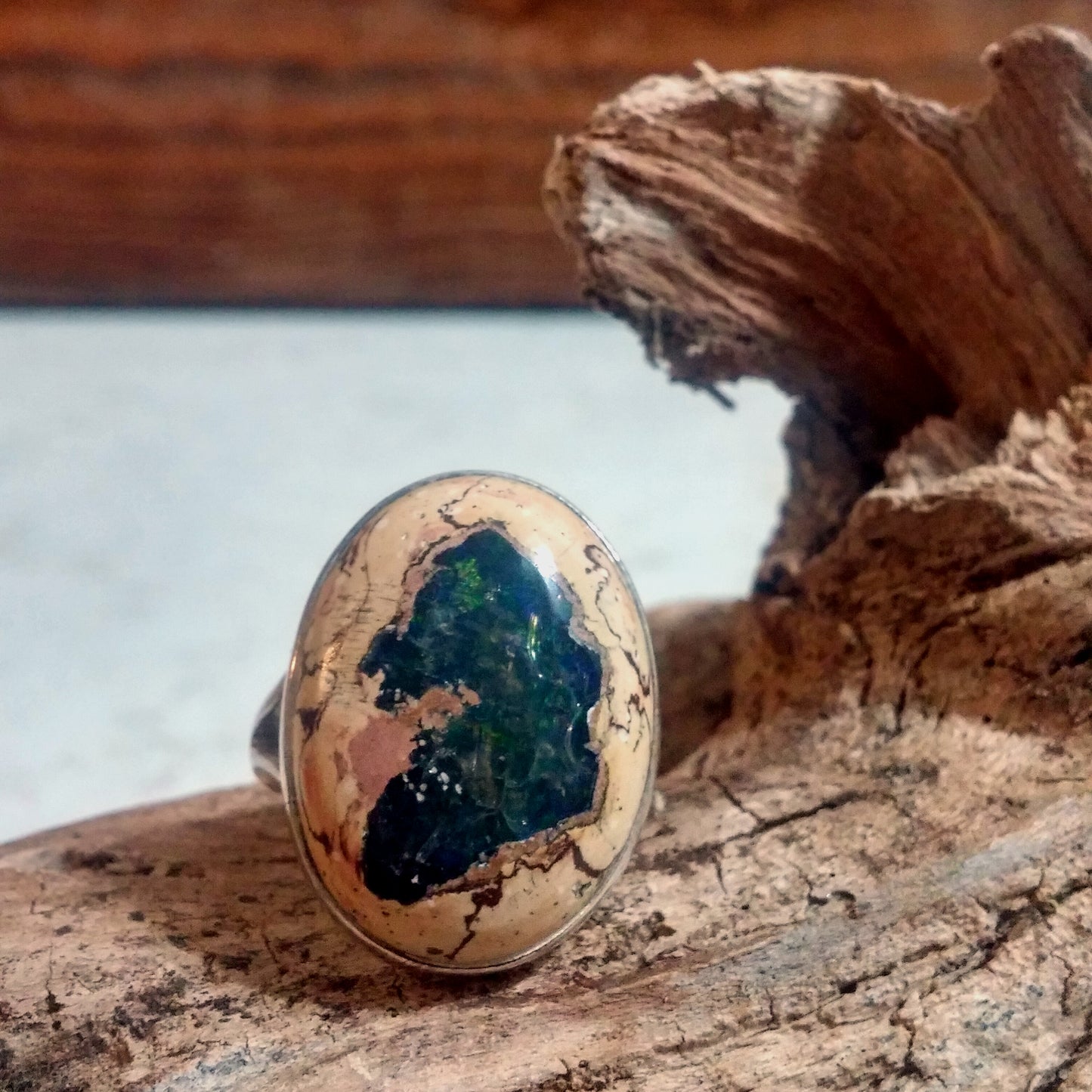 MEXICAN MULTICOLOR MATRIX FIRE OPAL RING IN STERLING SILVER-RING-JipsiJunk-JipsiJunk
