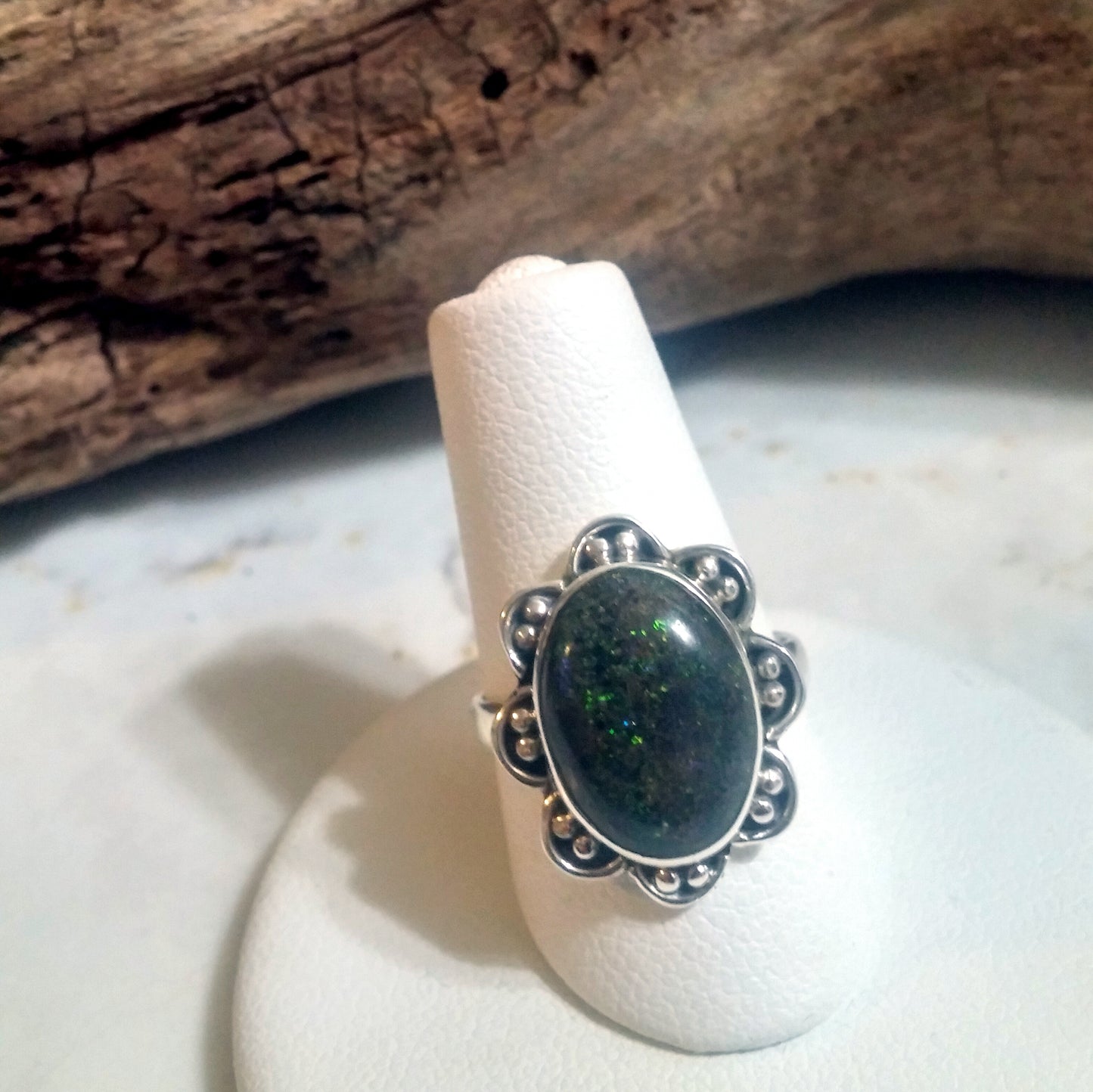 HONDURAN BLACK FIRE OPAL RING IN STERLING SILVER-RINGS-Jipsi Junk-JipsiJunk