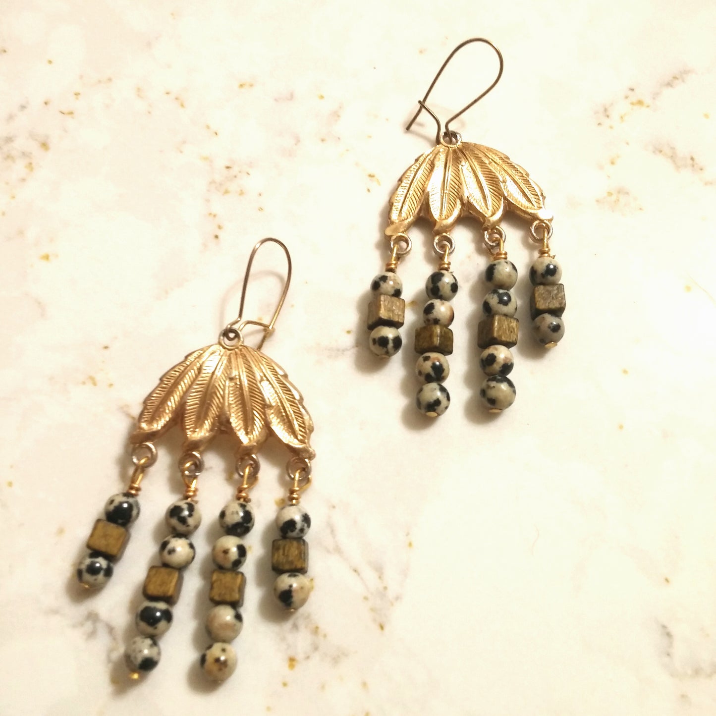 VINTAGE FEATHER EARRINGS WITH DALMATIAN JASPER AND WOOD-EARRINGS-Jipsi Junk-JipsiJunk