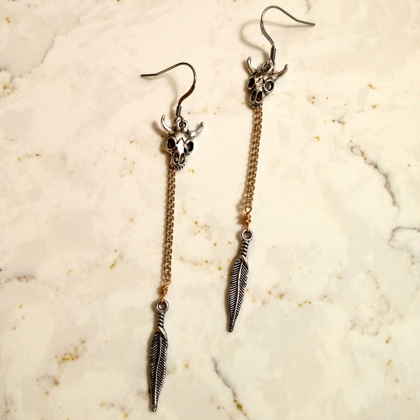 TWO TONE COW SKULL AND FEATHER DANGLE EARRINGS-EARRINGS-Jipsi Junk-JipsiJunk