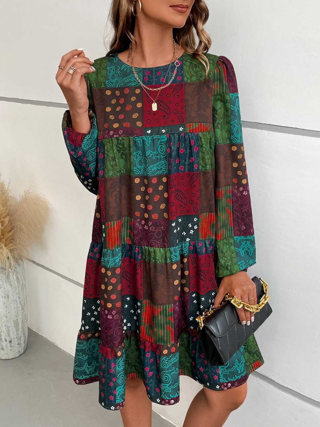 Patchwork Round Neck Long Sleeve Dress-dresses-Trendsi-JipsiJunk