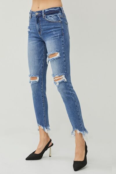 RISEN Distressed Frayed Hem Slim Jeans-Trendsi-JipsiJunk