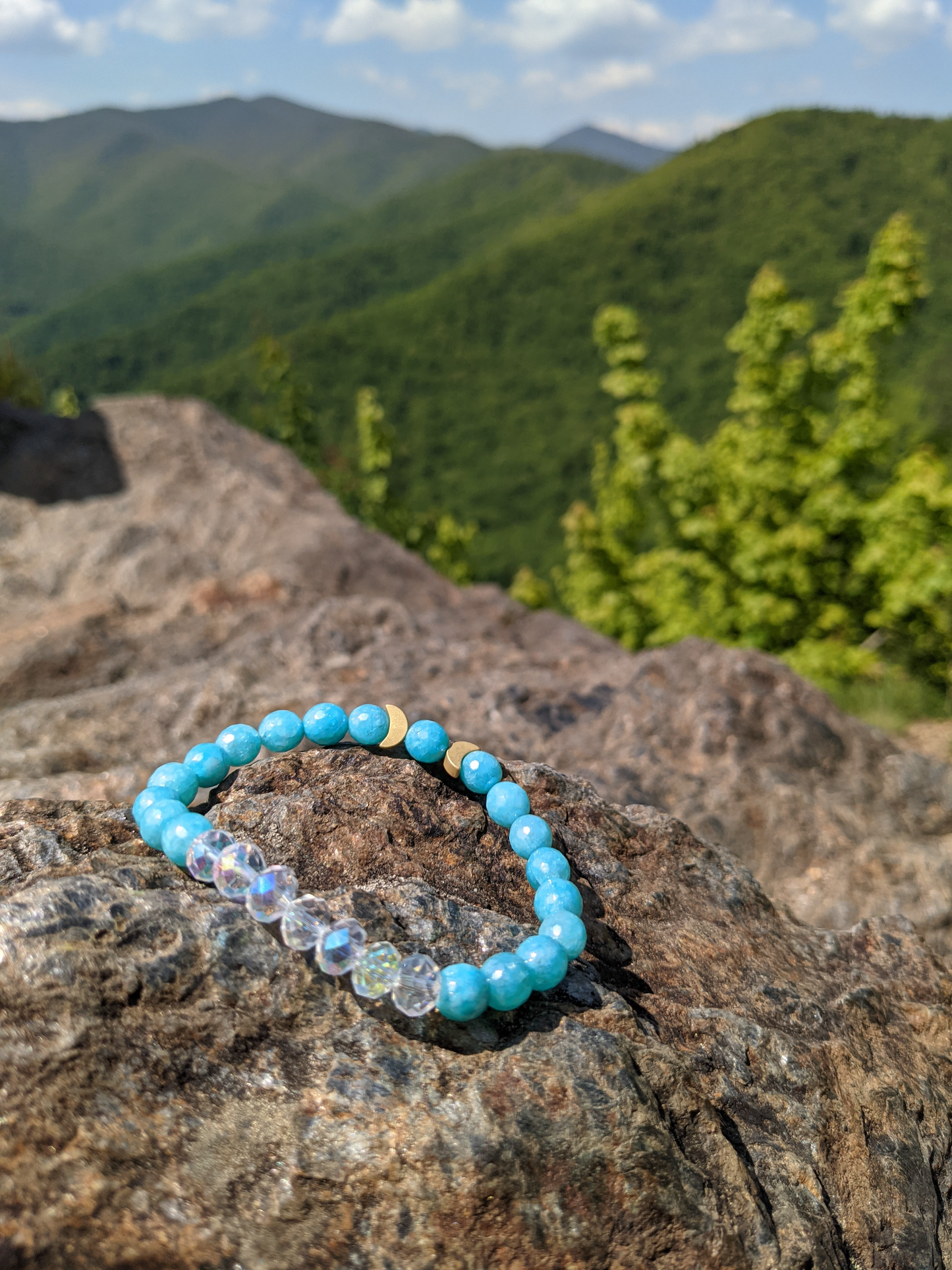 AB AMAZONITE AND CRYSTAL STRETCH BRACELET WITH CRESENT MOONS-BRACELETS-Jipsi Junk-JipsiJunk