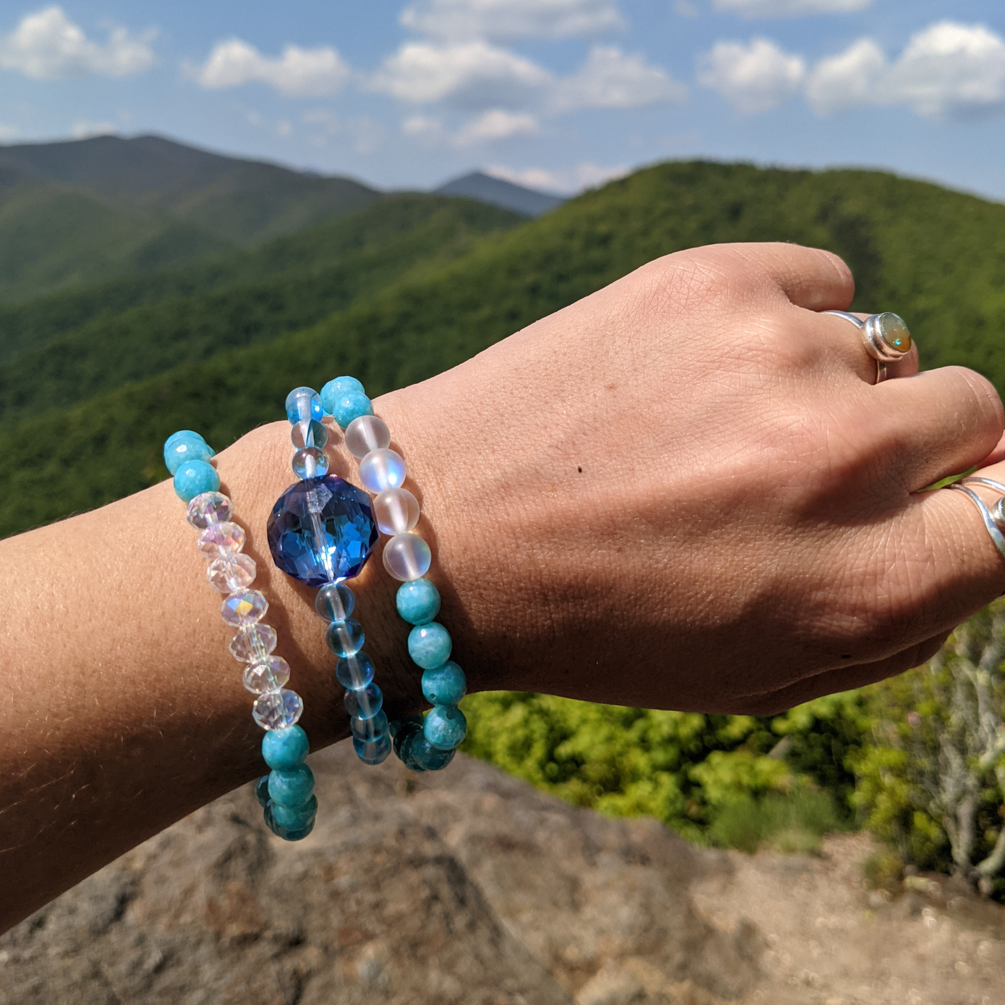 AB GLASS STRETCH BRACELET WITH CRYSTAL HEXAGON FOCAL-BRACELETS-Jipsi Junk-JipsiJunk