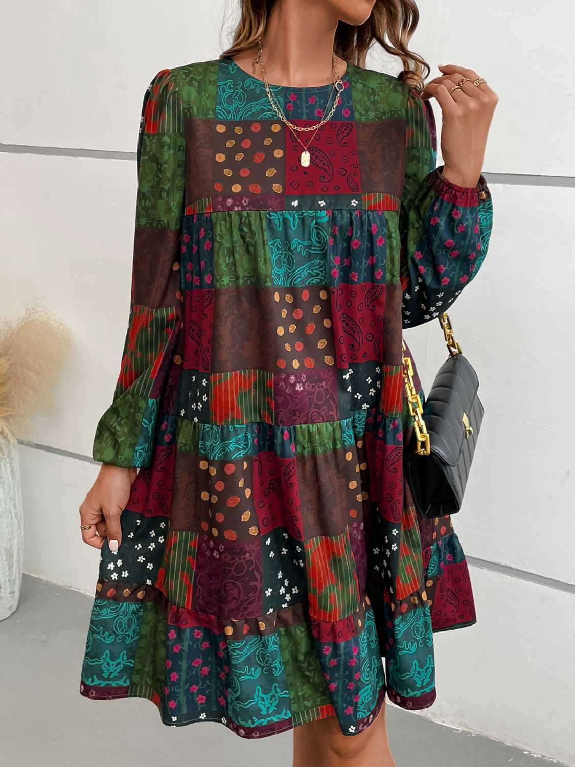 Patchwork Round Neck Long Sleeve Dress-dresses-Trendsi-JipsiJunk