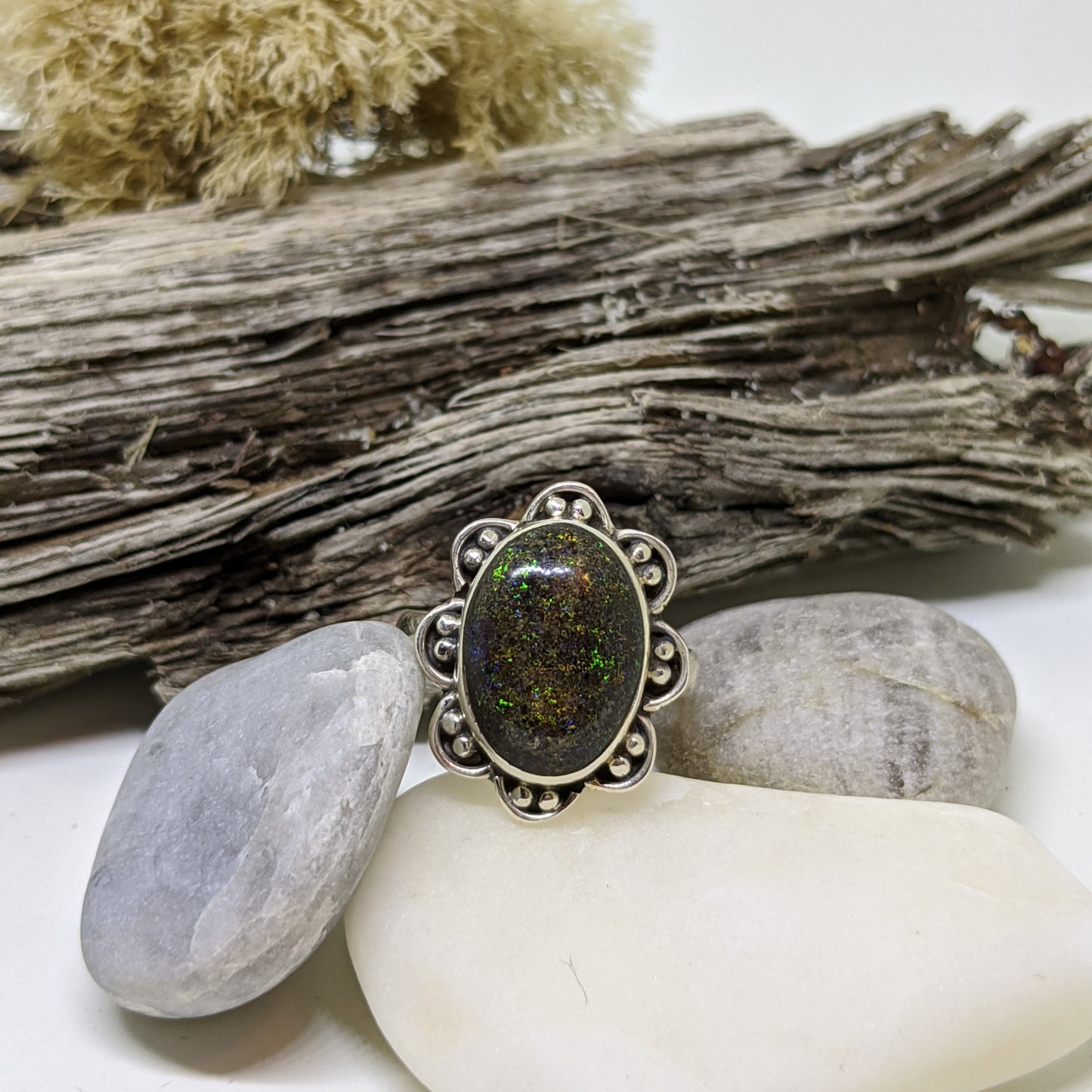 HONDURAN BLACK FIRE OPAL RING IN STERLING SILVER-RINGS-Jipsi Junk-JipsiJunk