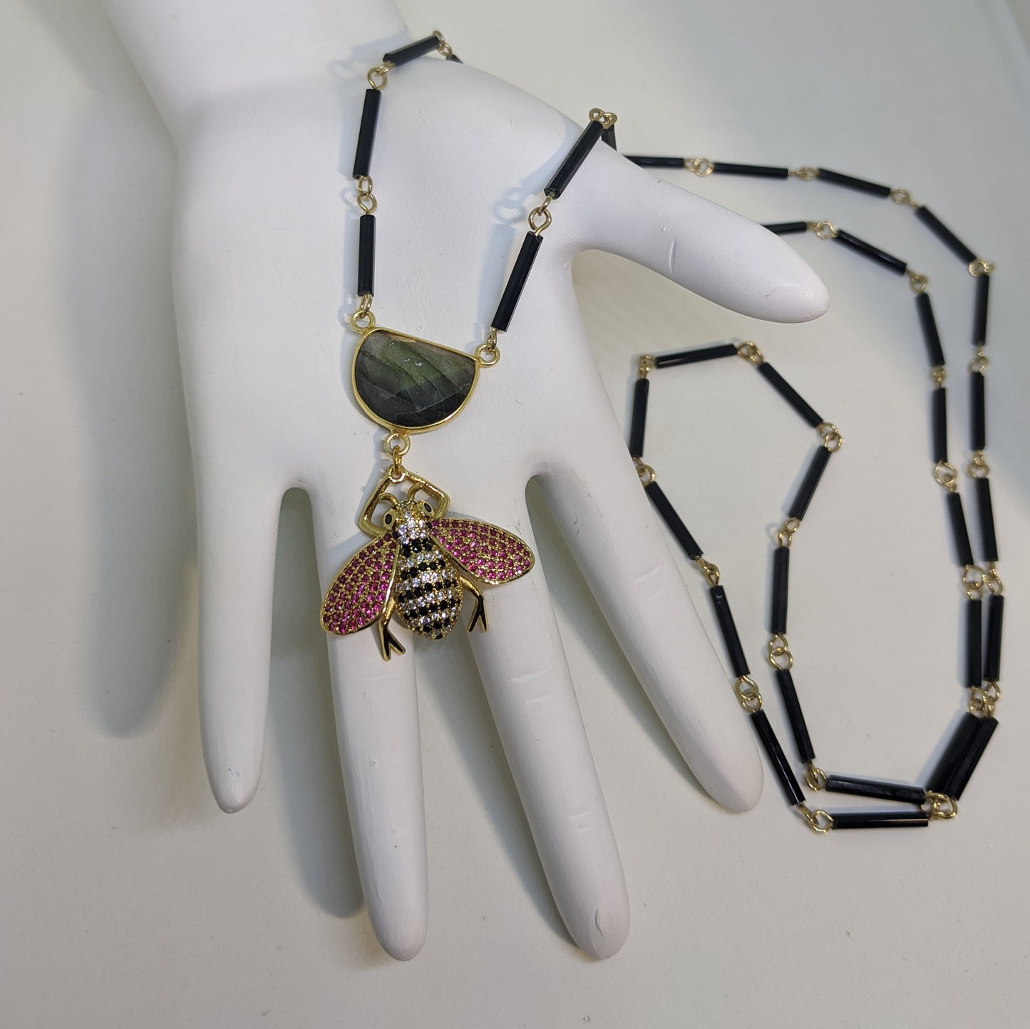 CZ BUMBLEBEE AND LABRADORITE CRESCENT NECKLACE ON UPCYCLED VINTAGE CHAIN-NECKLACES-JipsiJunk-JipsiJunk