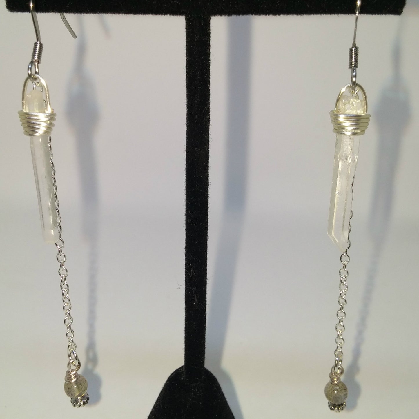 WIRE WRAPPED QUARTZ POINT, LABRADORITE AND CHAIN DANGLE EARRINGS-EARRINGS-JipsiJunk-JipsiJunk