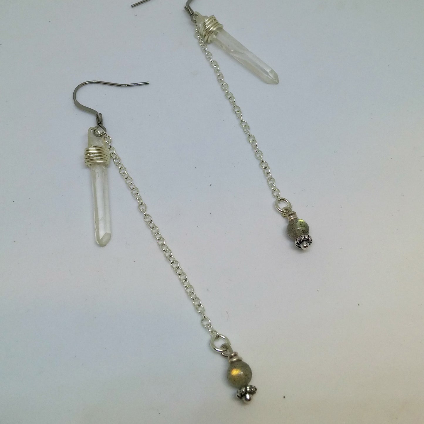 WIRE WRAPPED QUARTZ POINT, LABRADORITE AND CHAIN DANGLE EARRINGS-EARRINGS-JipsiJunk-JipsiJunk