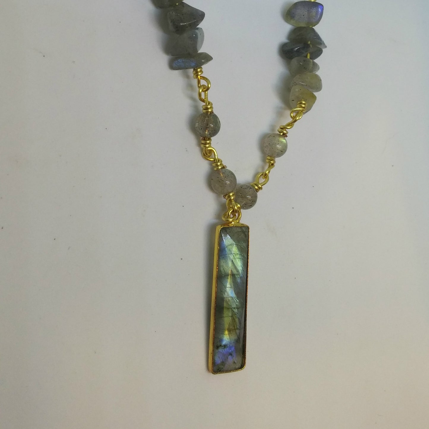 SMALL LABRADORITE RECTANGLE NECKLACE WITH ACCENTED HANDMADE CHAIN-NECKLACES-JipsiJunk-JipsiJunk