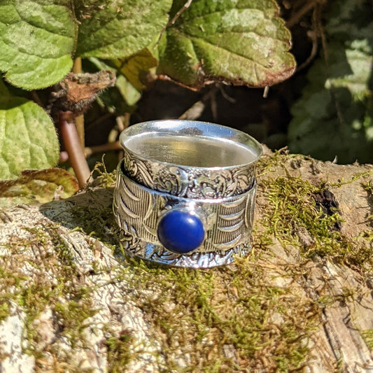 WIDE TEXTURED SPINNING WORRY RING WITH LAPIS LAZULI GEMSTONE IN STERLING SILVER-RINGS-Jipsi Junk-JipsiJunk