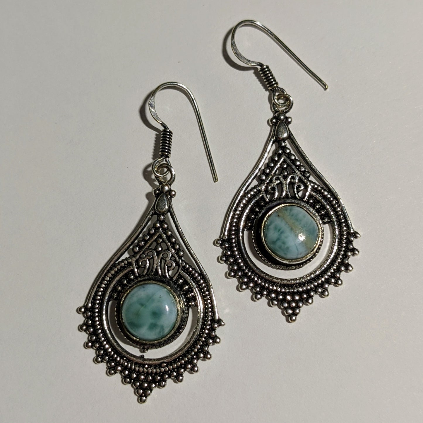 ORNATE BALI STYLE LARIMAR EARRINGS IN STERLING SILVER-EARRINGS-Jipsi Junk-JipsiJunk