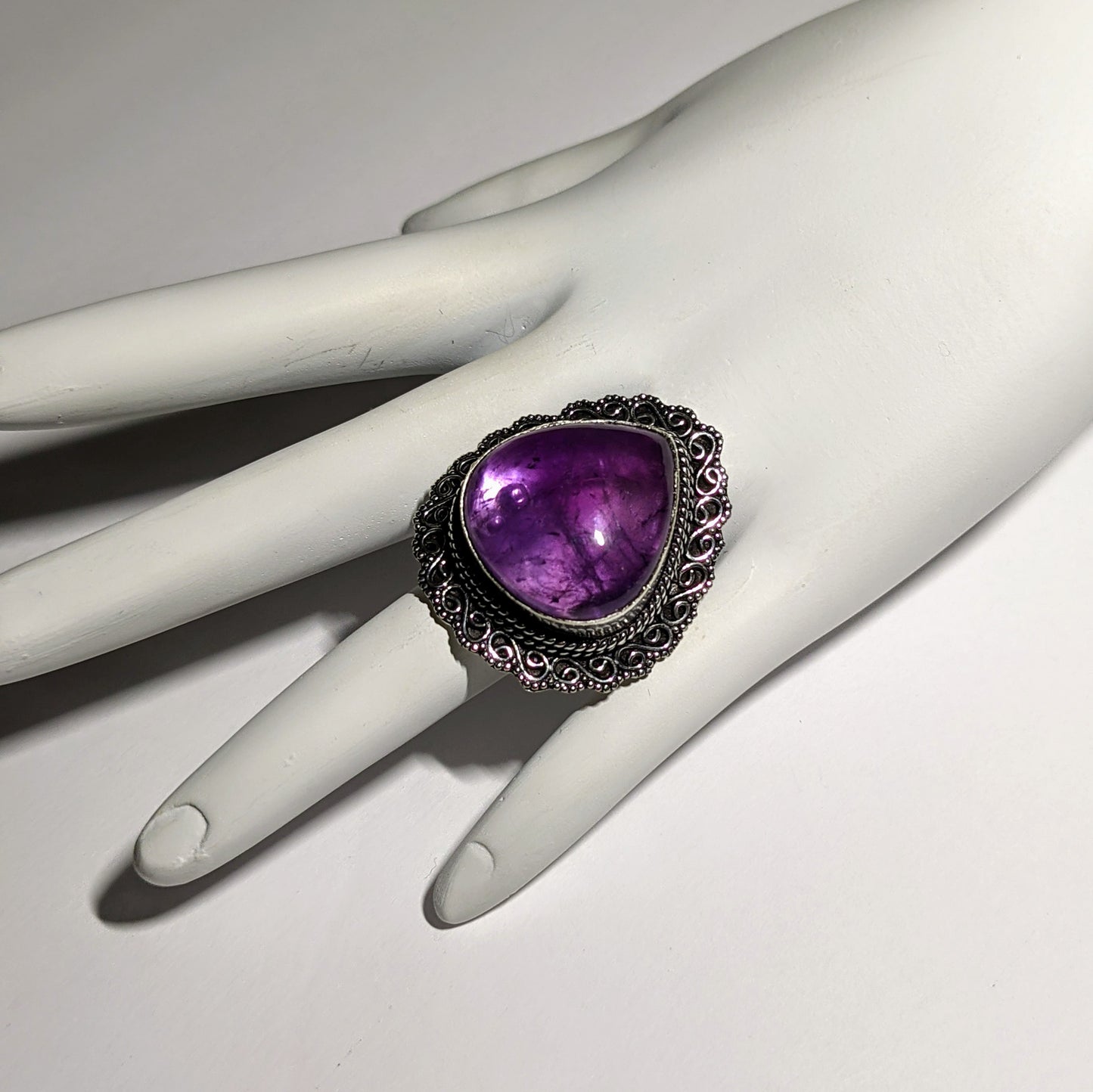 SAGE AMETHYST ALMOND TEARDROP STATEMENT RING IN STERLING SILVER-RINGS-Jipsi Junk-JipsiJunk