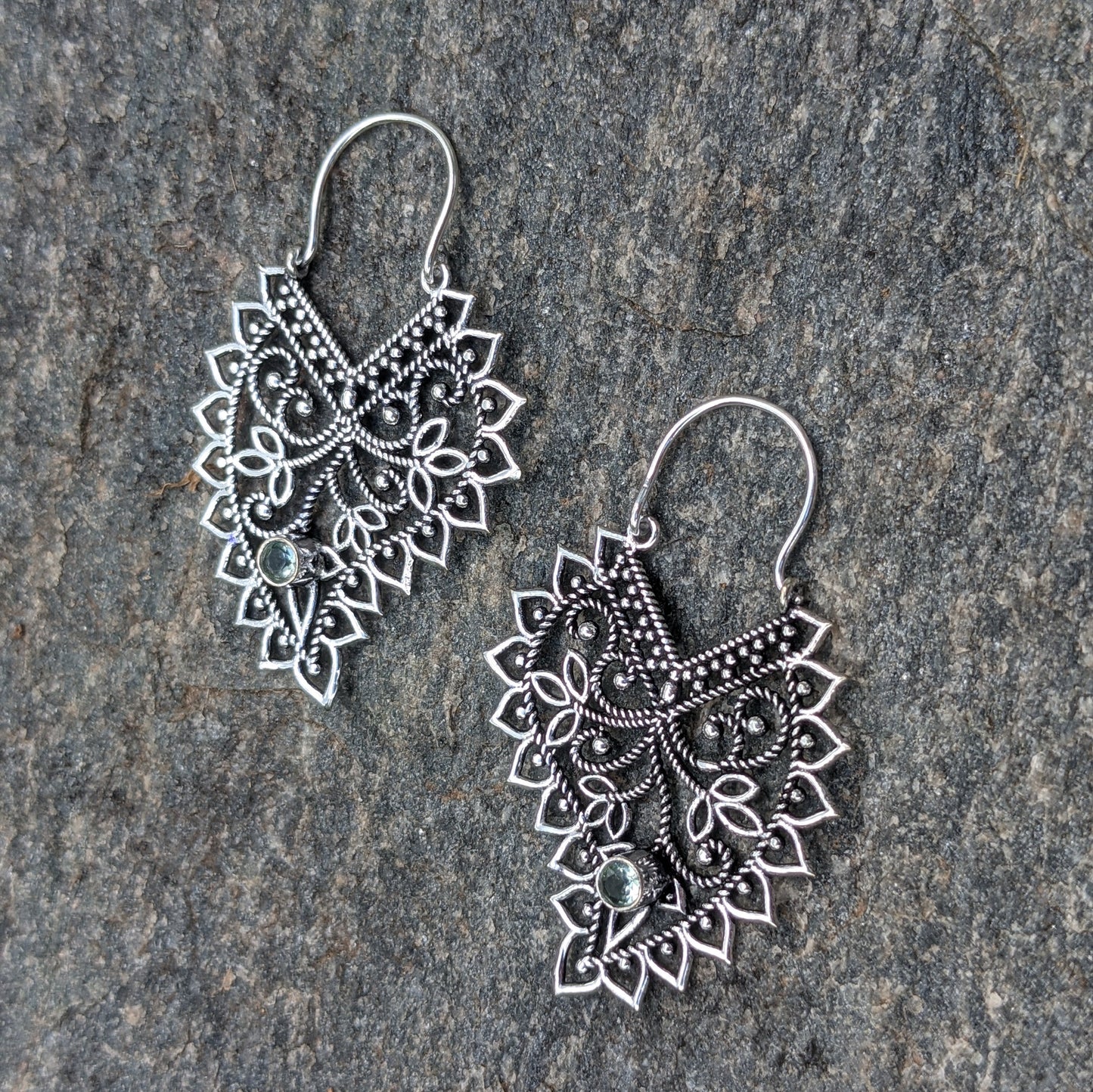 SILVER PAISLEY FILIGREE EARRINGS WITH AQUAMARINE GEMSTONES-EARRINGS-Jipsi Junk-JipsiJunk