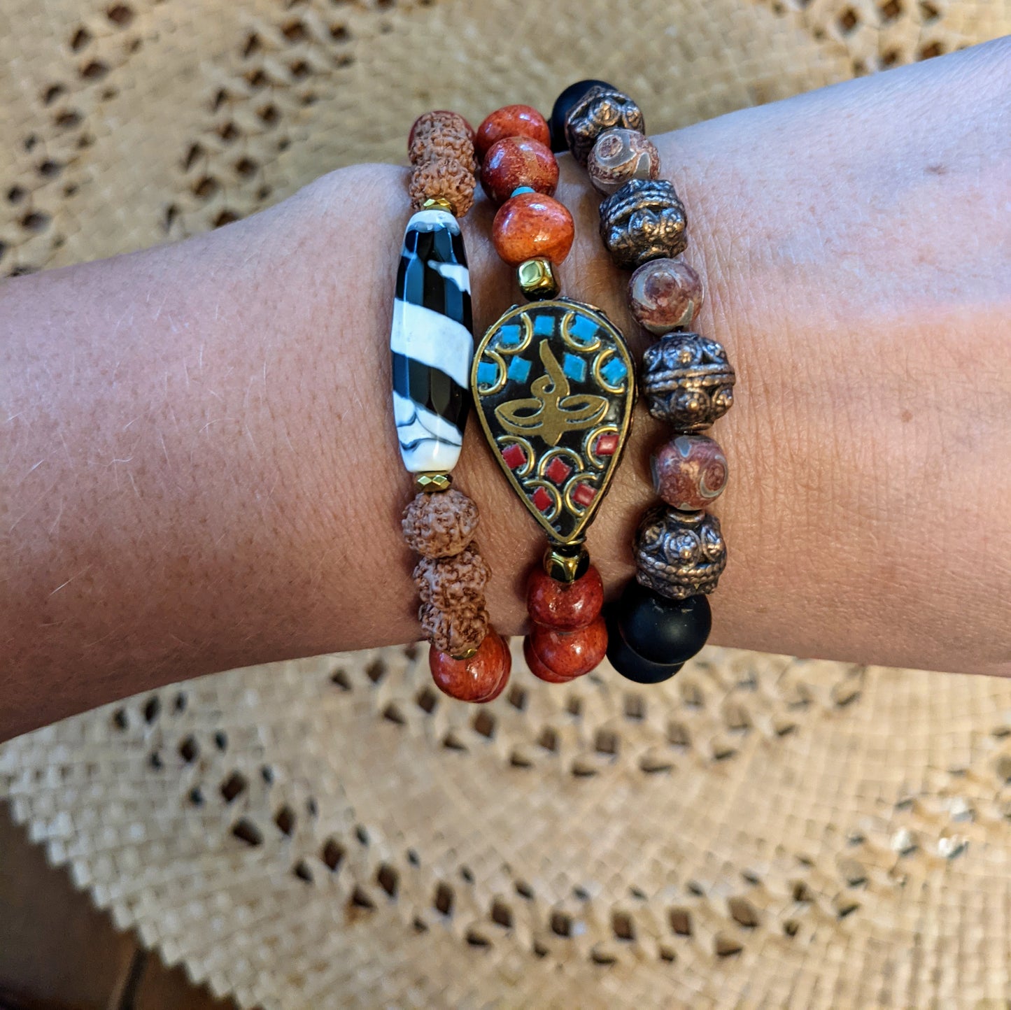 TRIBAL BRACELET WITH DZI AGATE AND MATTE GLASS-BRACELETS-Jipsi Junk-JipsiJunk