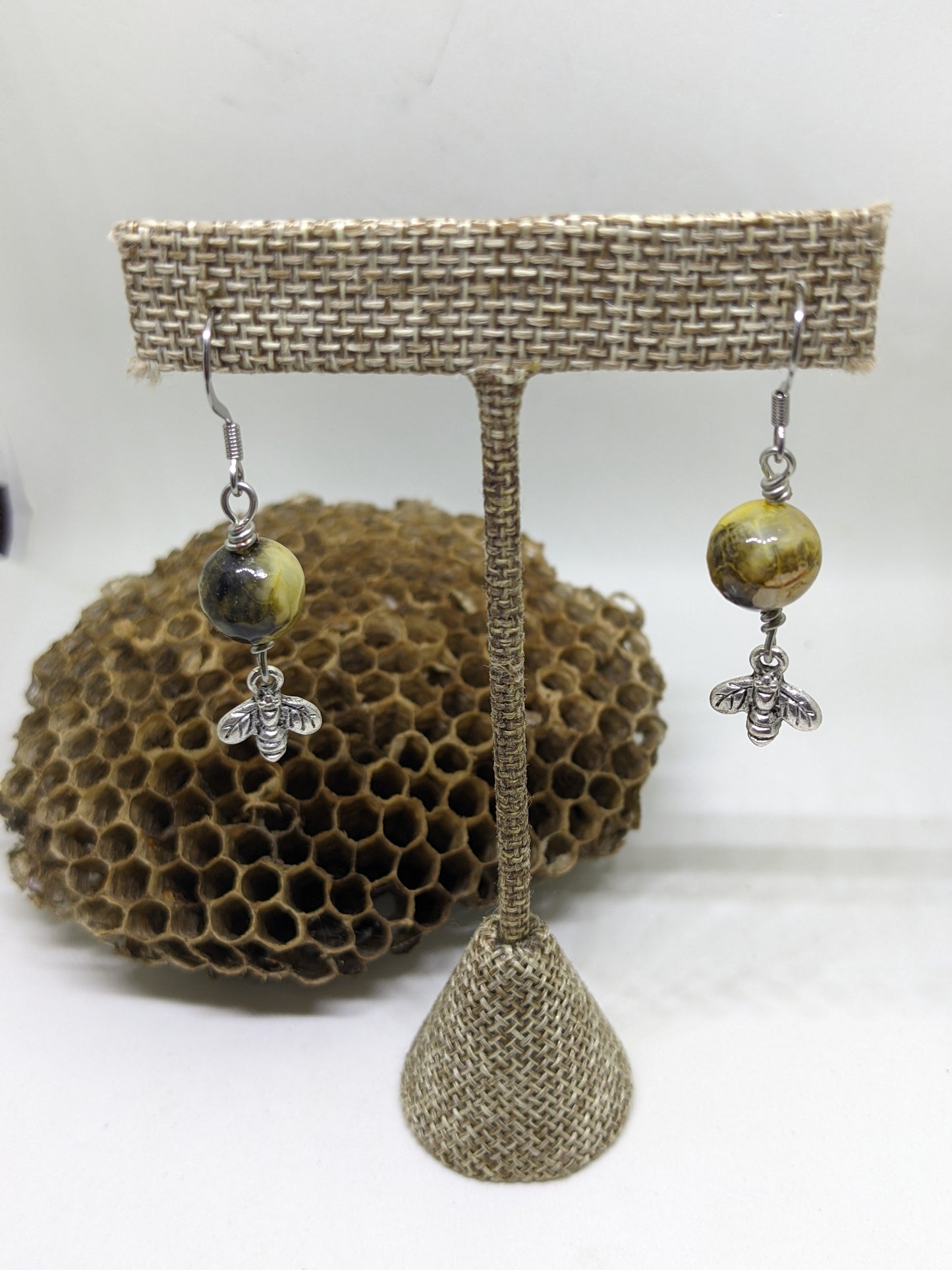 BLACK AND YELLOW CRACKED AGATE AND BUMBLE BEE EARRINGS-EARRINGS-JipsiJunk-JipsiJunk