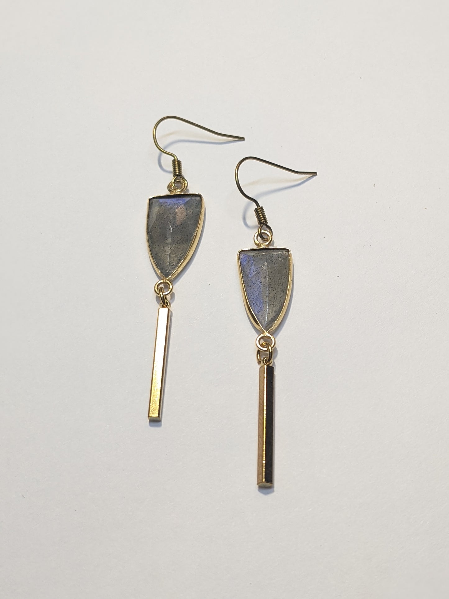 LABRADORITE SHIELD EARRINGS WITH DANGLING BATON-EARRINGS-Jipsi Junk-JipsiJunk
