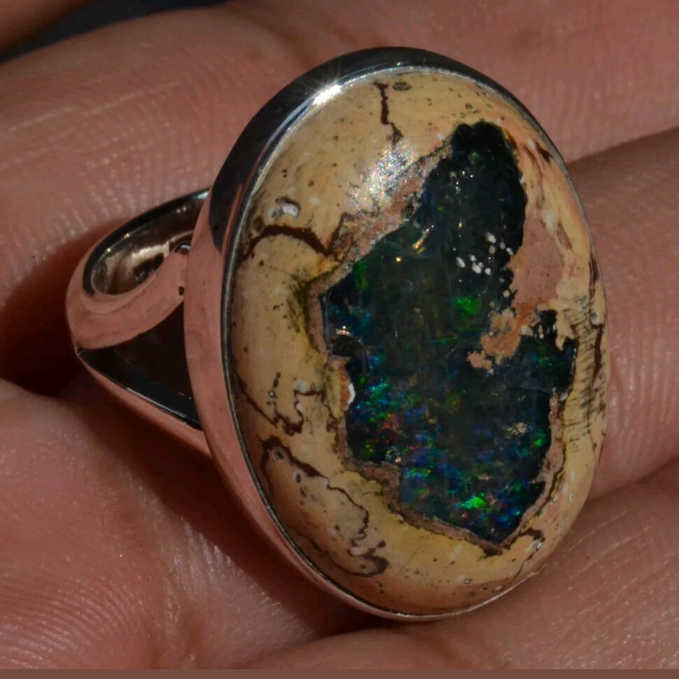 MEXICAN MULTICOLOR MATRIX FIRE OPAL RING IN STERLING SILVER-RING-JipsiJunk-JipsiJunk