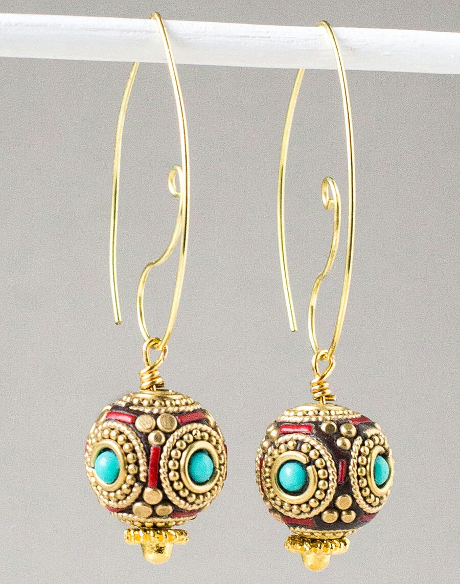 TIBETAN EARRINGS WITH CORAL AND TURQUOISE INLAY-EARRINGS-Jipsi Junk-JipsiJunk
